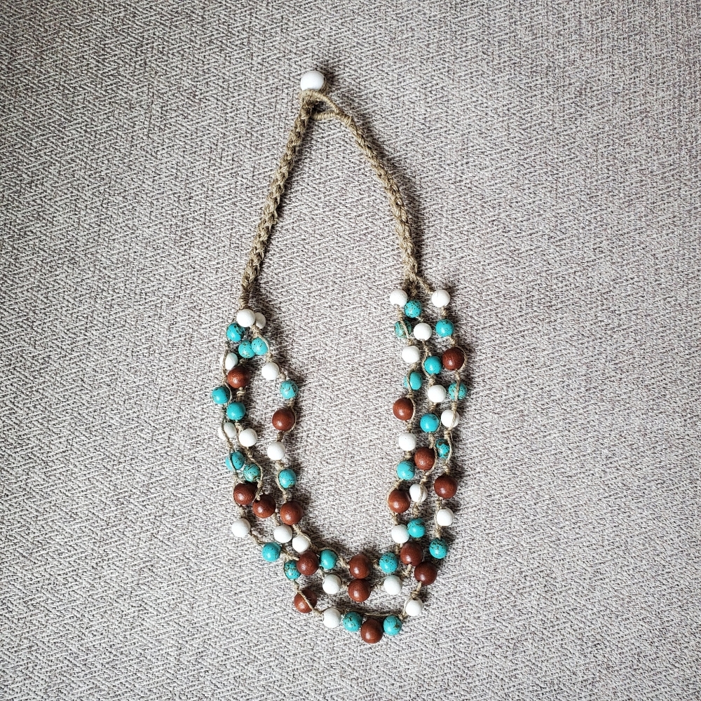 Macrame Necklace Wood Turquoise Beads Handcrafted